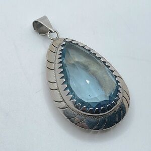 VTG Sterling Aquamarine Blue Glass Facet Cut Pear Shape Pendant 2.5”